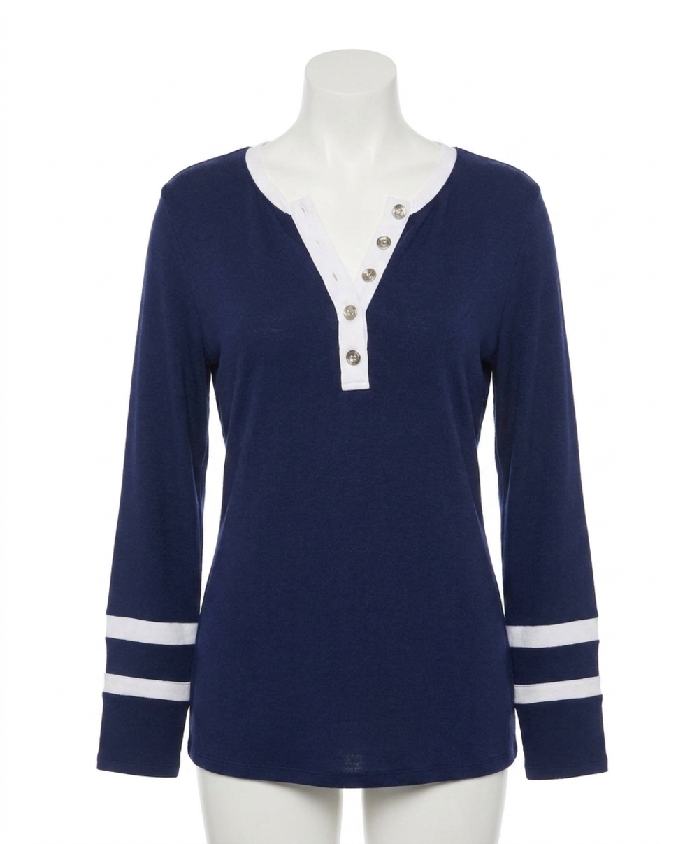NEW FRENCH KYSS button crew neck with stripe sleeves top in ink